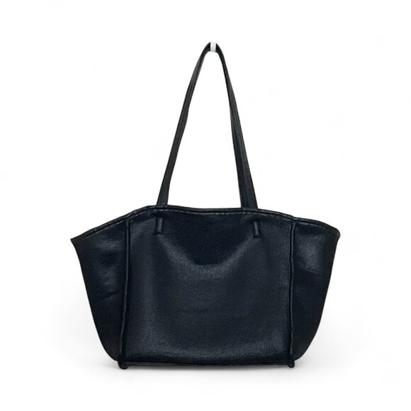 Neiman Marcus Black Faux Leather Sherpa Lined Large Tote Shoulder Bag Shopper - Picture 1 of 7